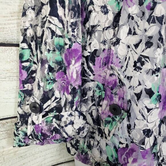 Christopher & Banks XL Purple Floral Lace Button Front Blouse Sheer Lightweight - Picture 3 of 7